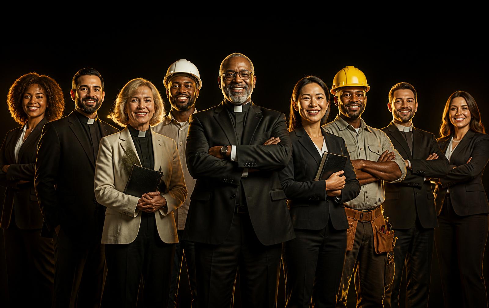 Ministers, builders, and members of Great Emerge Church standing together in confident joy