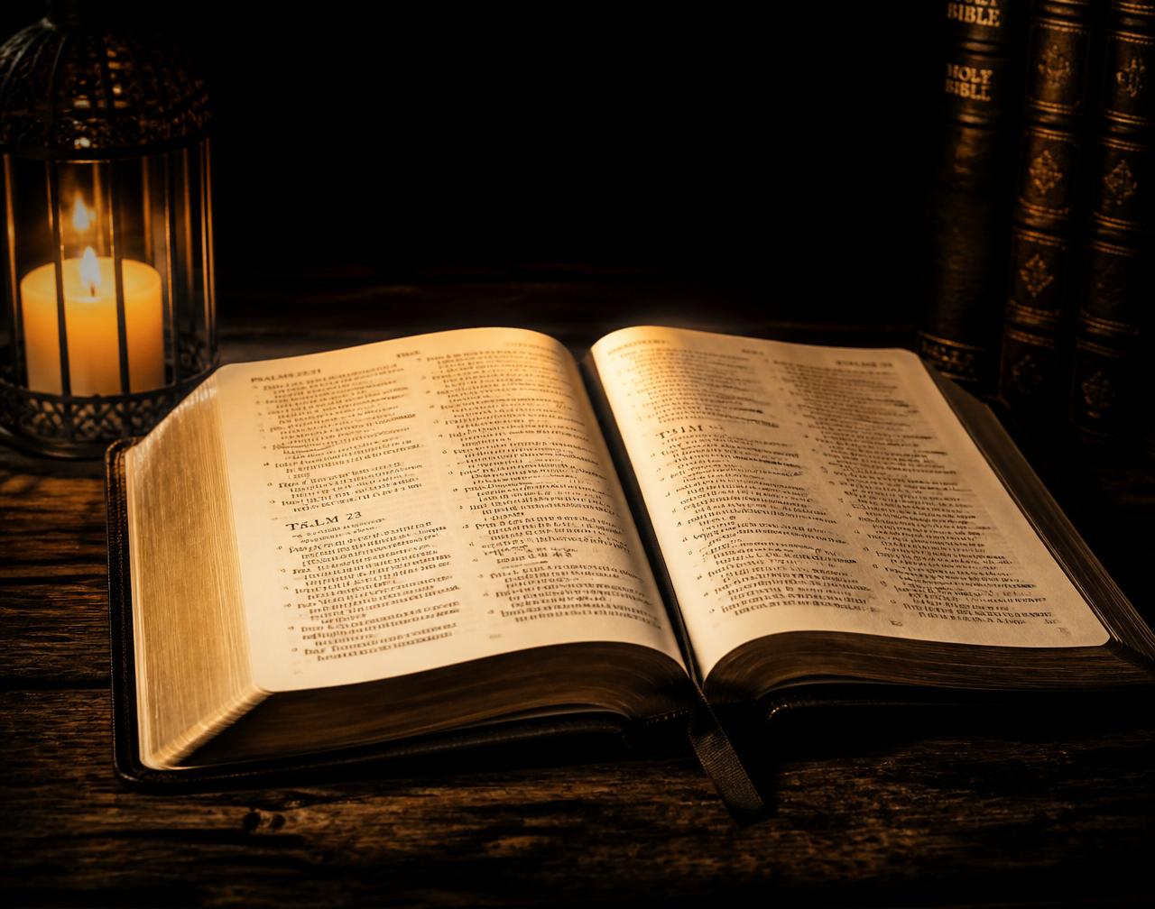 An open Bible glowing under warm candlelight