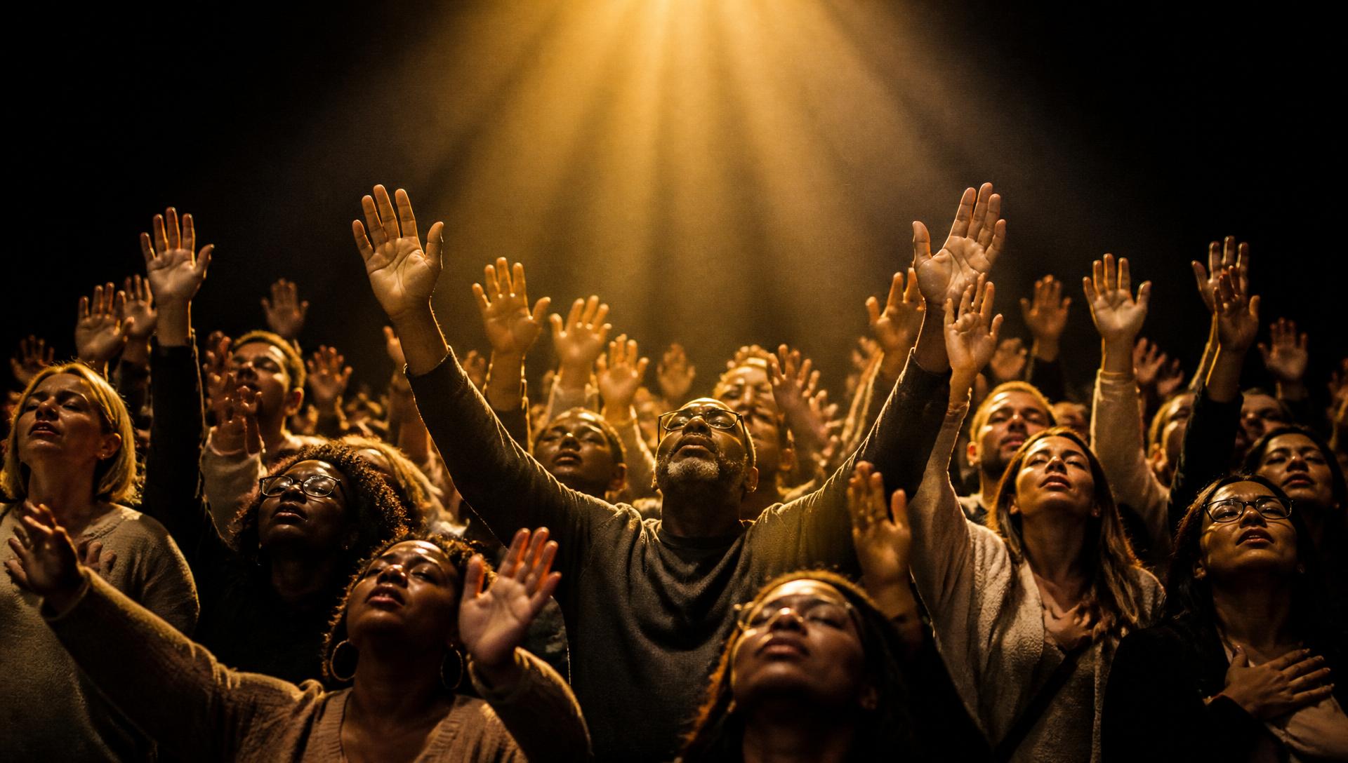 Members of Great Emerge Church with hands lifted in worship under golden light